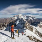Aconcagua mountain with climbers ascending, showcasing the thrill of mountaineering