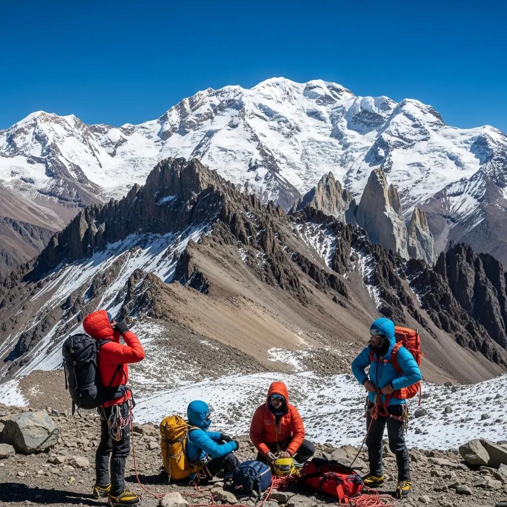Aconcagua in the Andes with climbers preparing for an expedition