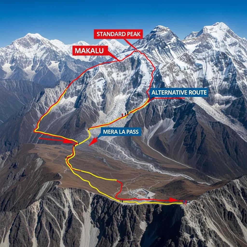 Aerial view of Mera Peak climbing routes, showcasing landmarks and terrain