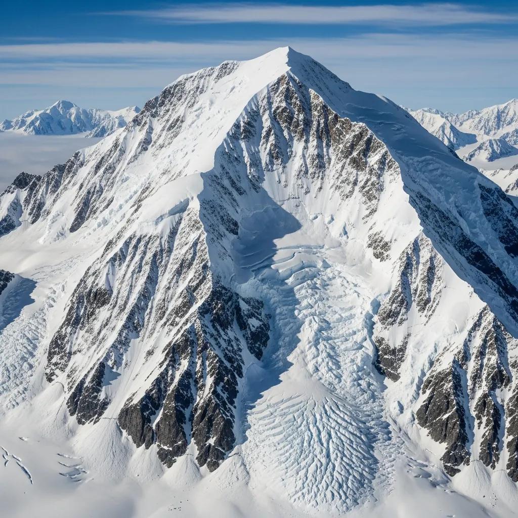 Aerial view of Vinson Massif showcasing its rugged, snow-covered peaks and glacier formations, highlighting Antarctica's highest mountain for climbers and adventurers.