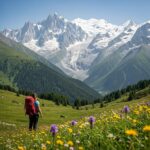 Alpine landscape of Mont Blanc with a hiker in a meadow