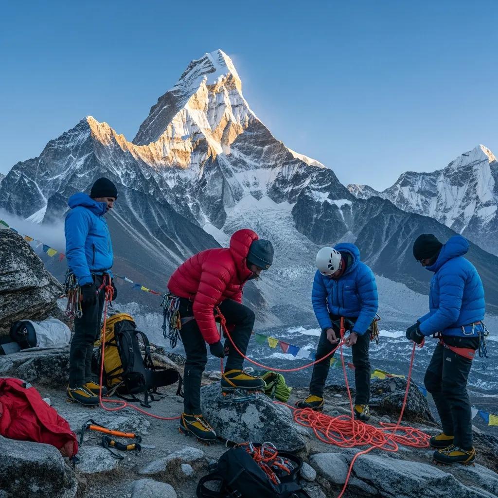 Ama Dablam mountain landscape in Nepal showing the iconic 6812 meter or 22349 foot peak in the Khumbu region of Sagarmatha National Park with climbers preparing gear at high altitude representative of the climbing environment during the autumn October November primary climbing season when post monsoon dry stable air and favorable Himalayan jet stream positioning create the most reliable summit weather windows of the year