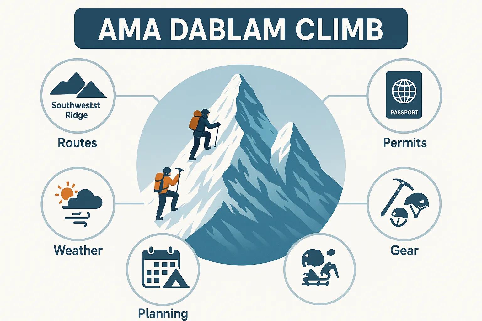 Ama Dablam climbing infographic featuring climbers on a snowy mountain, highlighting routes, weather, planning, permits, and gear essentials.