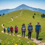 Beginner hikers on a scenic trail leading to a non-technical mountain peak