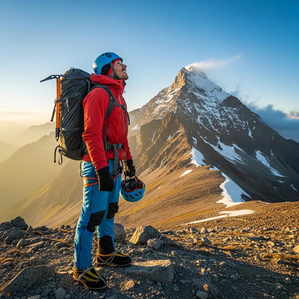 Beginner mountaineer at the base of a mountain, showcasing essential gear and the spirit of adventure