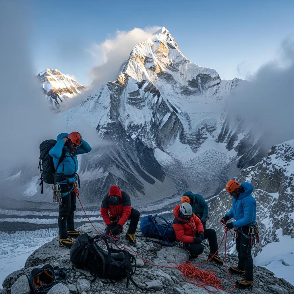 Breathtaking view of Pumori mountain with climbers preparing gear, highlighting adventure and exploration