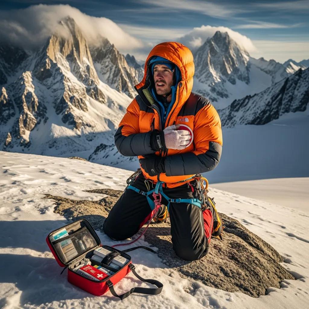 Climber in an orange jacket administering first aid for frostbite treatment in a remote mountain setting, with a first aid kit visible on the snow-covered ground.