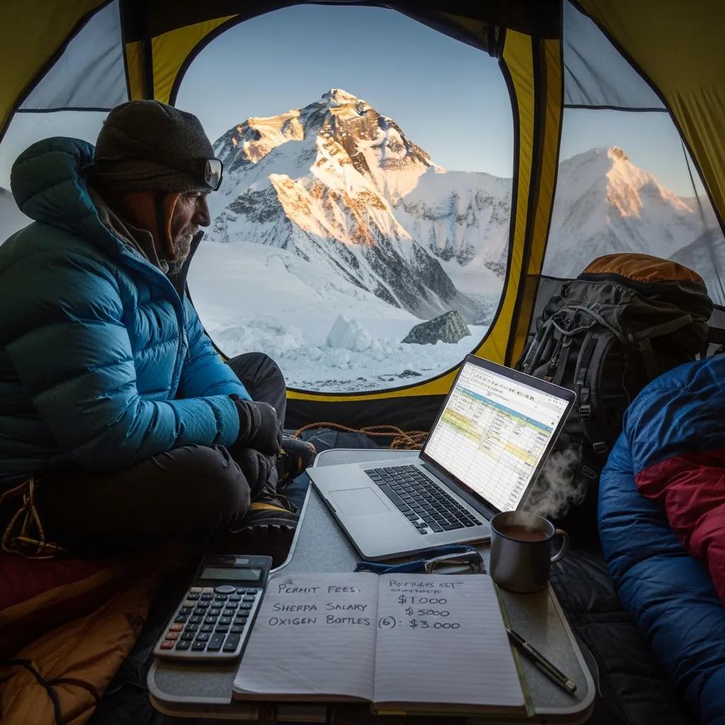 Climber budgeting for Everest expedition costs inside tent with laptop, notes on permit fees, and mountain view.
