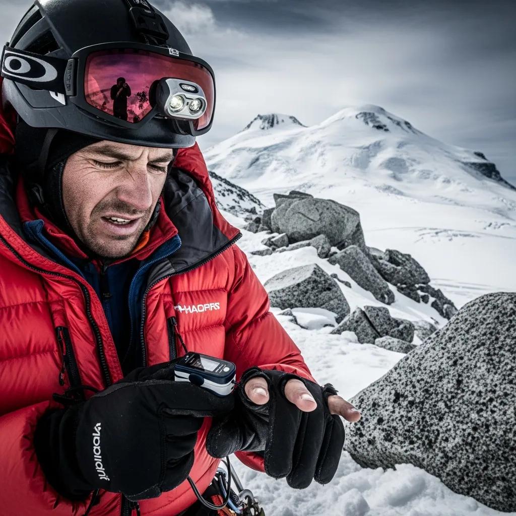 Climber checking pulse oximeter at high altitude on Mount Elbrus, emphasizing altitude sickness awareness