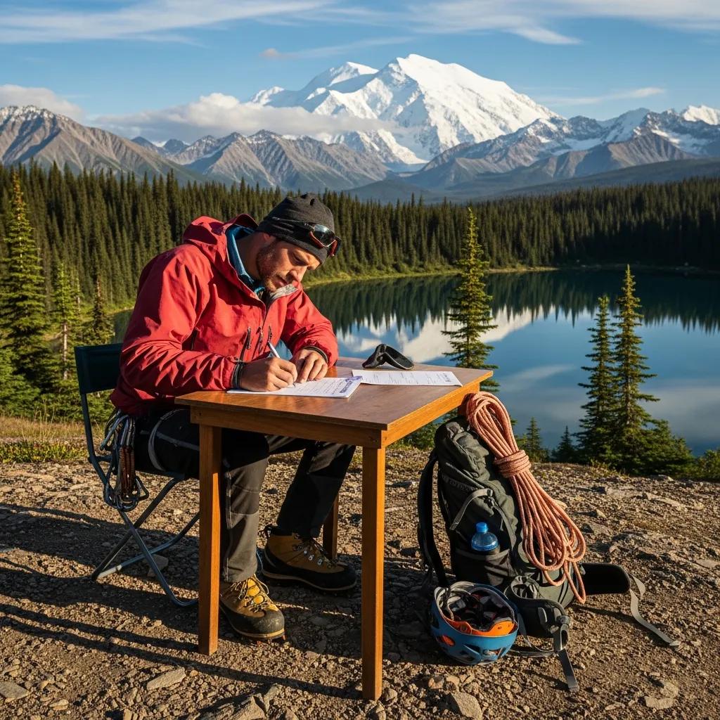 Climber completing a Denali permit application with the mountain in the background, emphasizing the preparation process