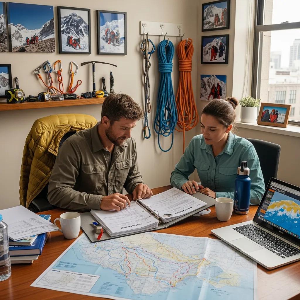 Climber consulting with a trekking agency about Everest permit application, discussing preparation and excitement, with maps and climbing gear visible.