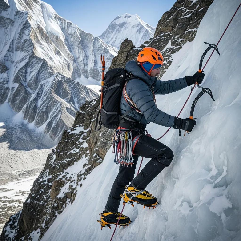 Climber demonstrating advanced climbing techniques on a steep icy slope in the Himalayas