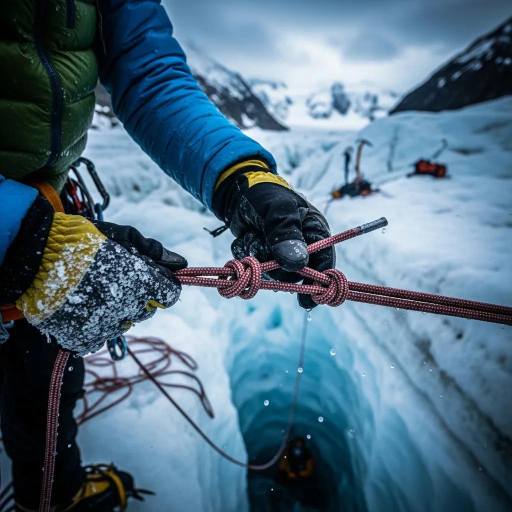 Climber demonstrating prusik knots for glacier rescue