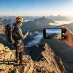 Climber documenting ascent with peak profile template in a scenic mountain landscape