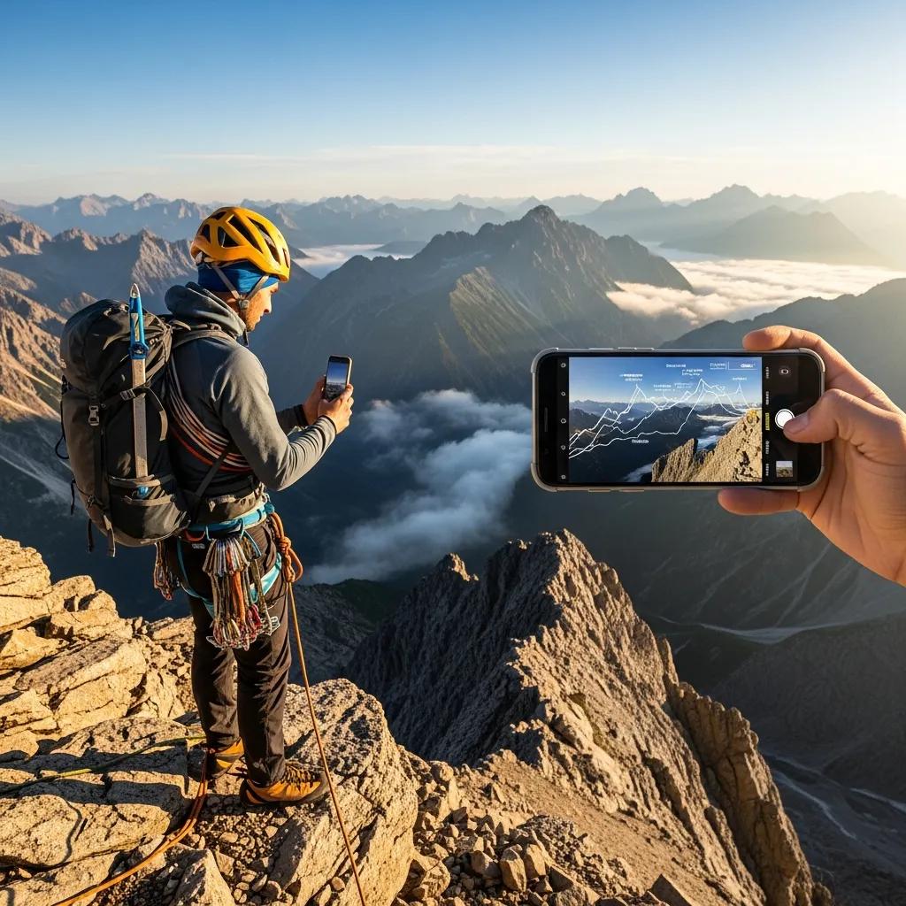 Climber documenting ascent using a smartphone in a scenic mountain landscape, highlighting peak profile data for expedition planning.
