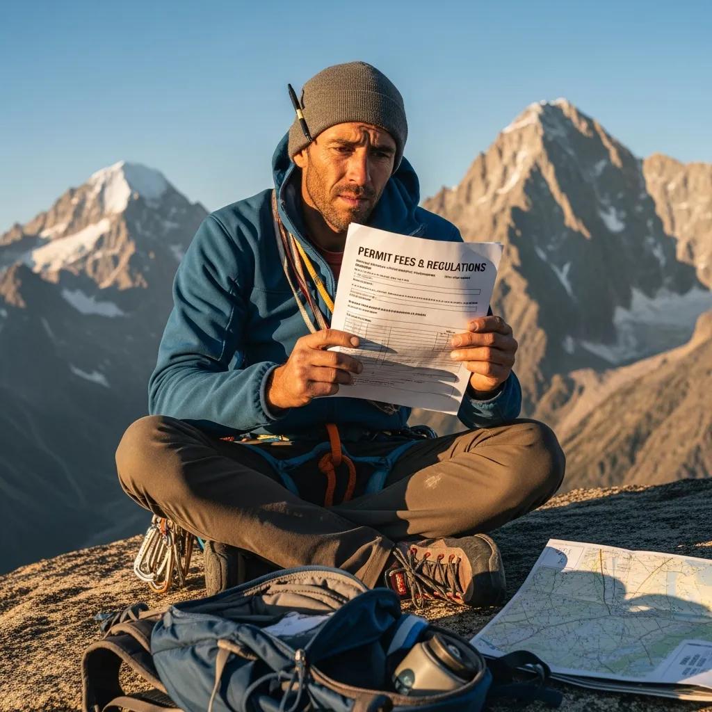 Climber examining a permit application in a mountainous landscape, illustrating the significance of permit fees in climbing budgets