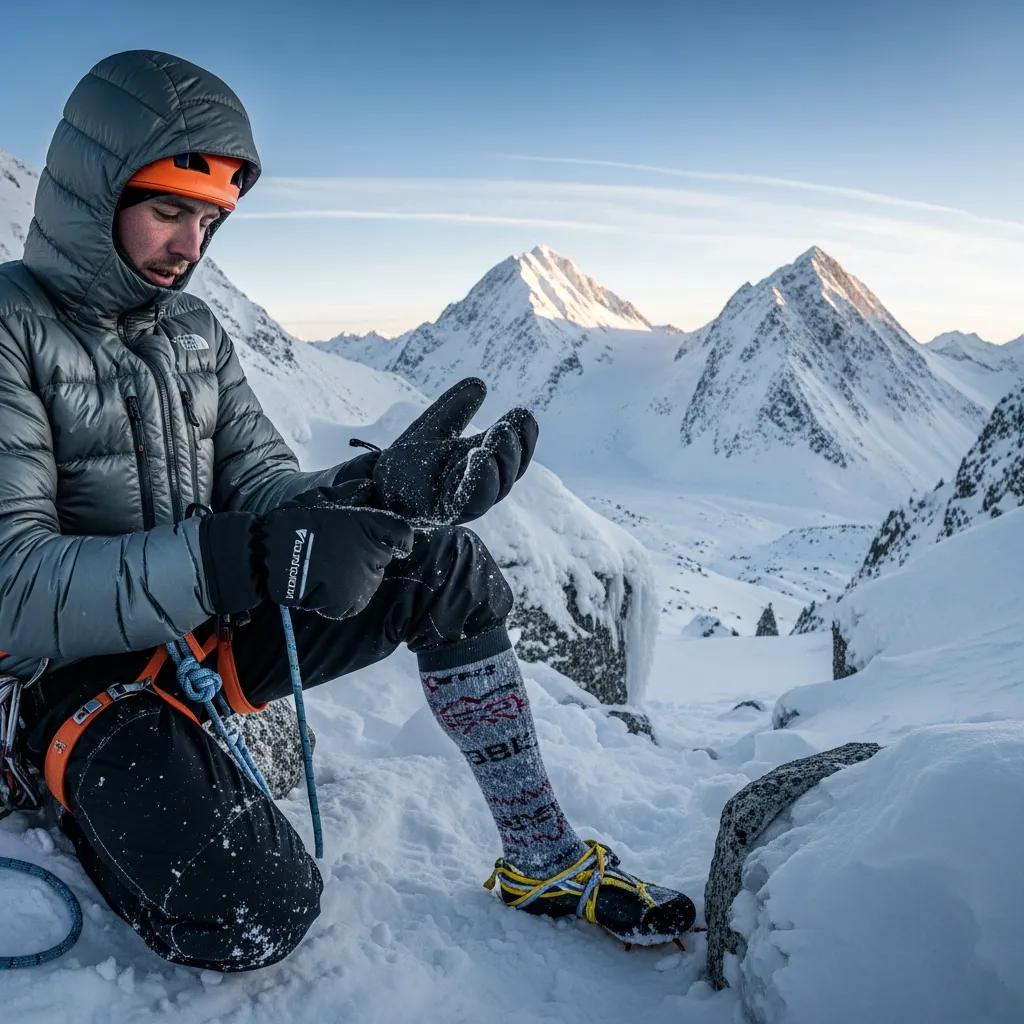 Climber in insulated gear demonstrating frostbite prevention techniques in a snowy mountain landscape.