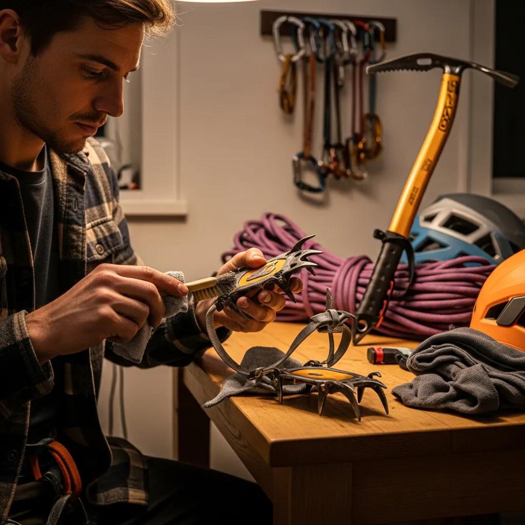 Climber maintaining and inspecting mountaineering crampons in a cozy indoor setting, emphasizing gear care