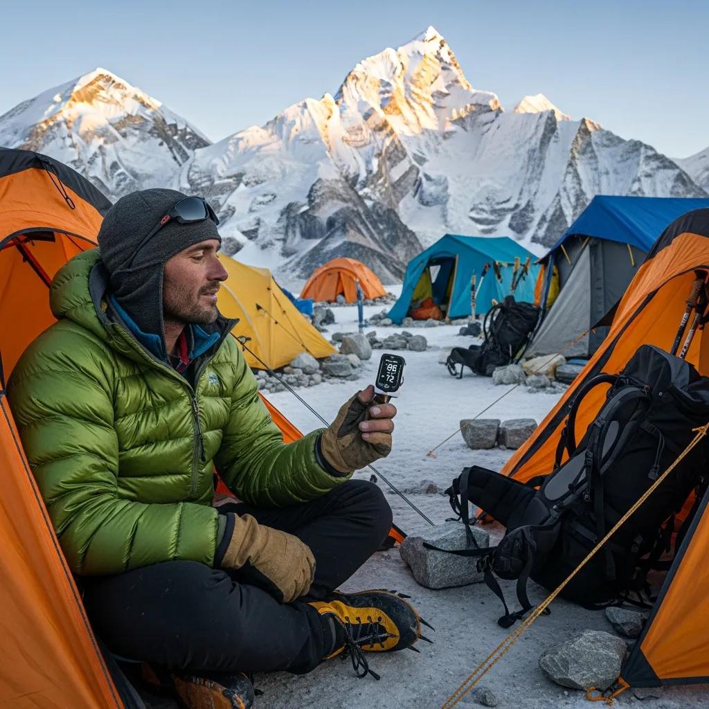 Climber monitoring oxygen levels with a pulse oximeter at high altitude camp, surrounded by orange and blue tents, with snow-covered peaks in the background.