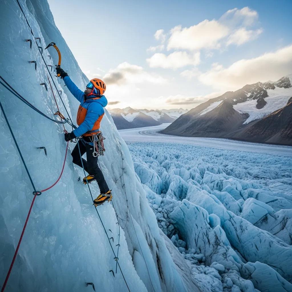 Climber ascending a glacier with ice axes and safety gear, showcasing essential equipment for glacier travel in a scenic mountainous environment.