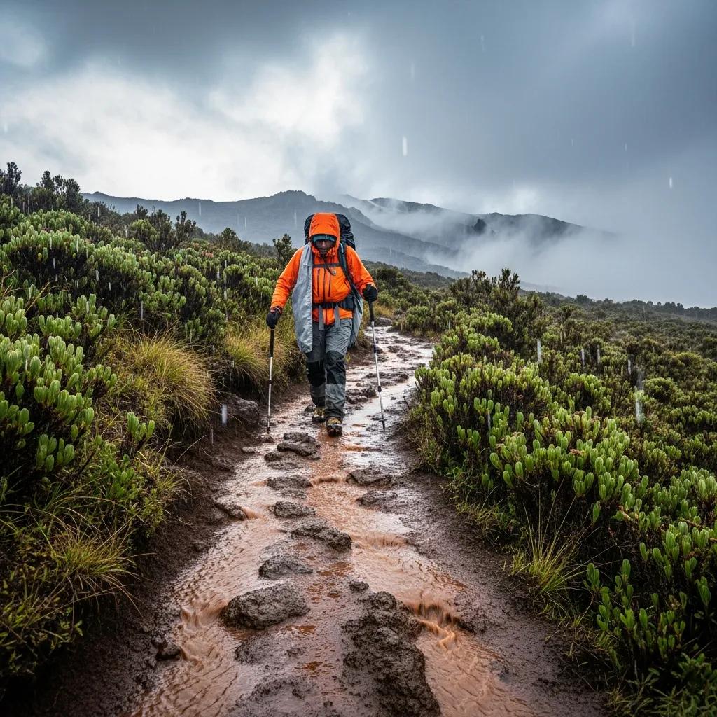 Climber navigating a muddy trail on Mount Kilimanjaro during the rainy season