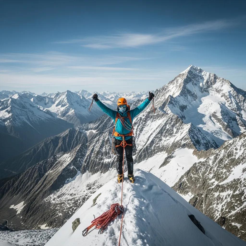 Climber celebrating on a snowy mountain peak, surrounded by snow-capped mountains, symbolizing alpine climbing adventure and summit success.