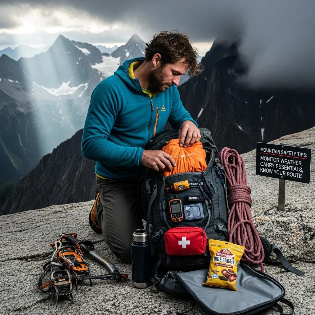 Climber packing essential gear for mountain weather safety