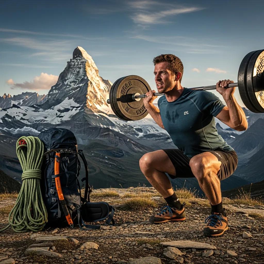 Climber performing strength exercises outdoors with weights, showcasing essential training for Matterhorn's Hörnli Ridge preparation, with the Matterhorn peak in the background.