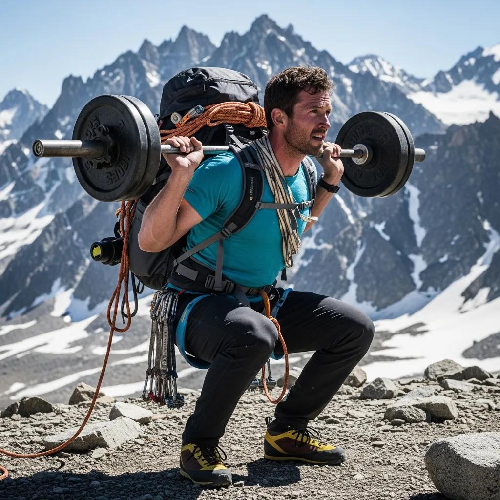 Climber performing weighted squats outdoors, illustrating strength training for Denali fitness