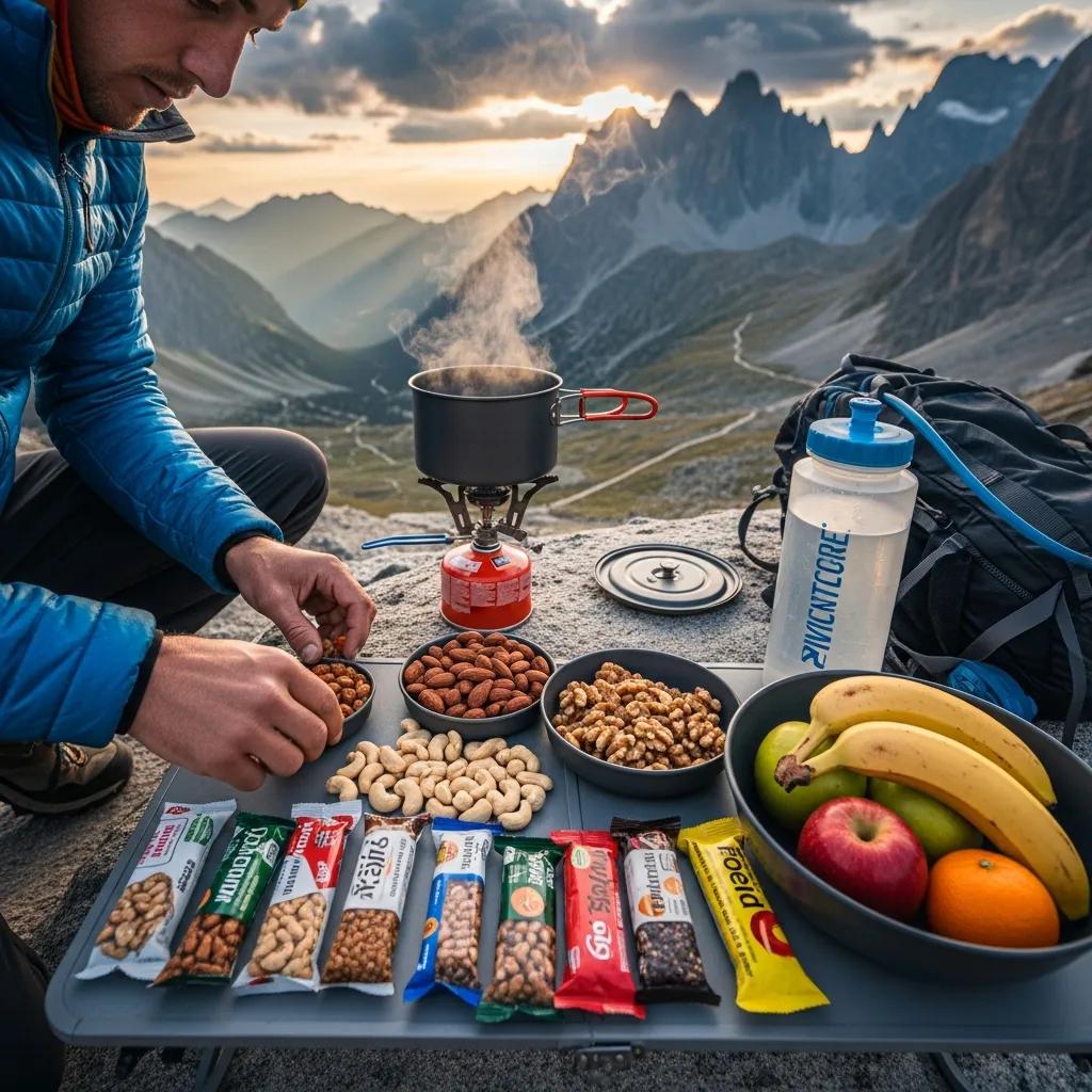 Climber preparing nutritious meal at mountain campsite with energy-dense snacks, fruits, and cooking equipment, emphasizing nutrition and hydration for high altitude training.