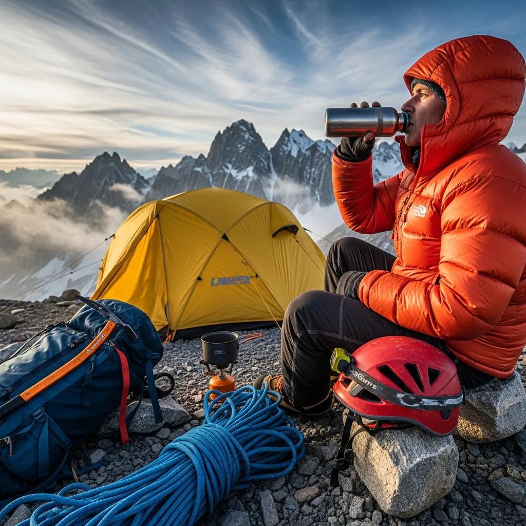 Climber resting at a high altitude campsite, emphasizing acclimatization and safety in mountaineering
