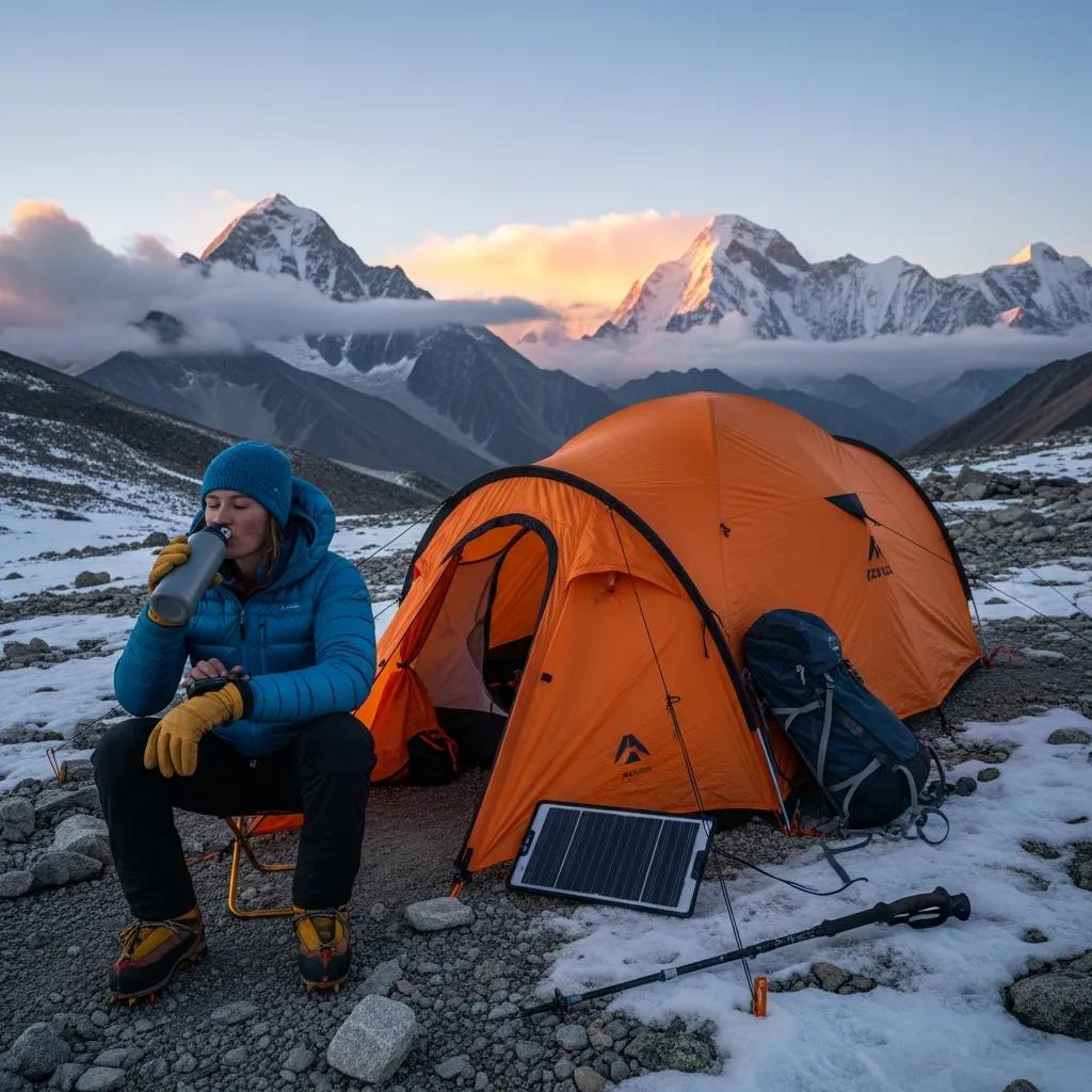 Climber resting at a high-altitude campsite, focusing on acclimatization techniques to prevent altitude sickness