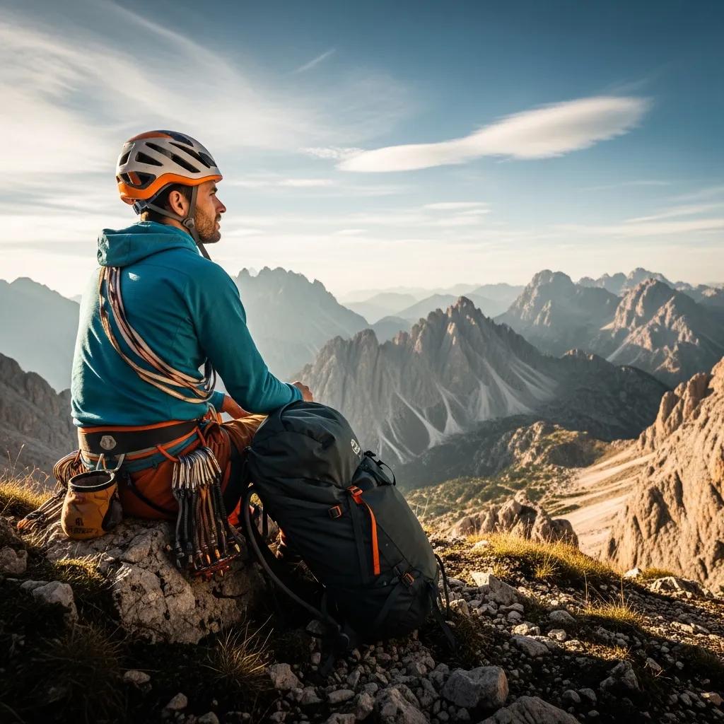 Climber resting at a scenic viewpoint, emphasizing acclimatization techniques during high altitude climbing, with mountainous landscape in the background.