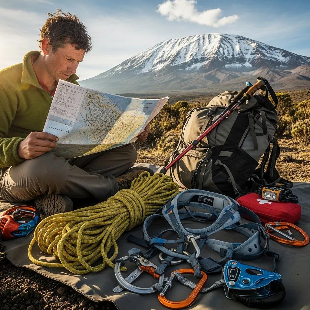 Climber reviewing a map of Kilimanjaro routes with climbing gear, including ropes and harness, preparing for an adventure in Tanzania.