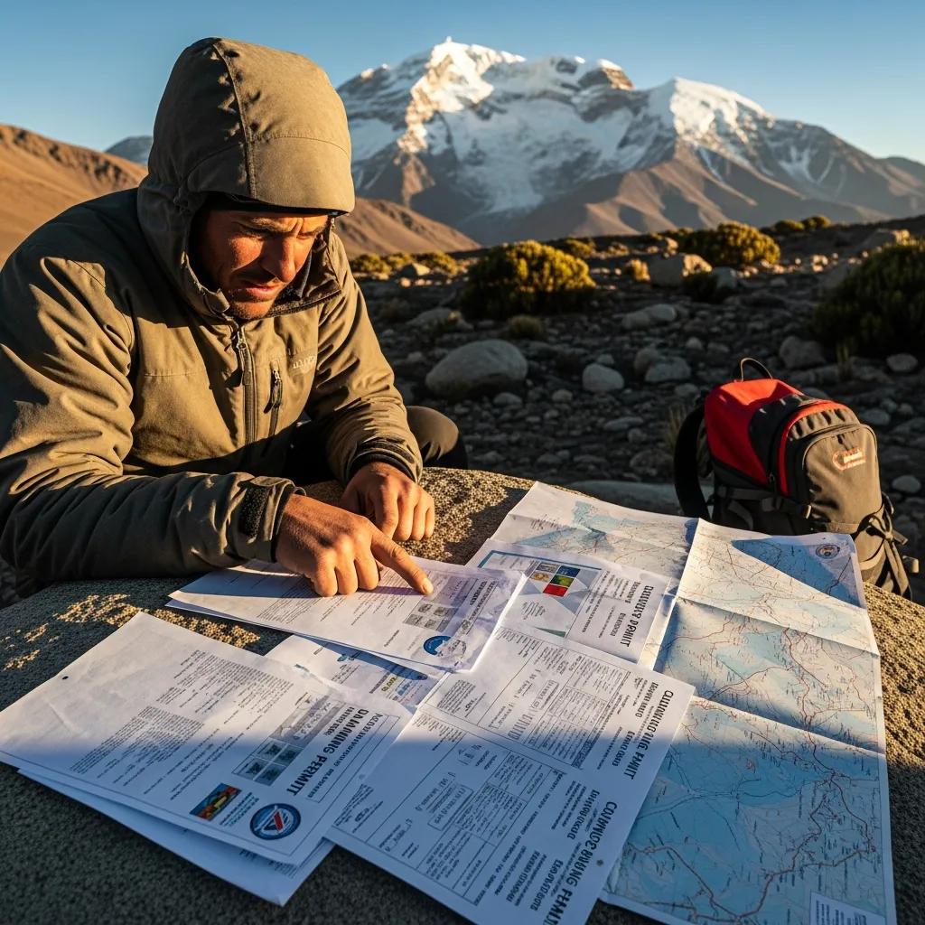 Climber reviewing Aconcagua climbing permits with the mountain in the background