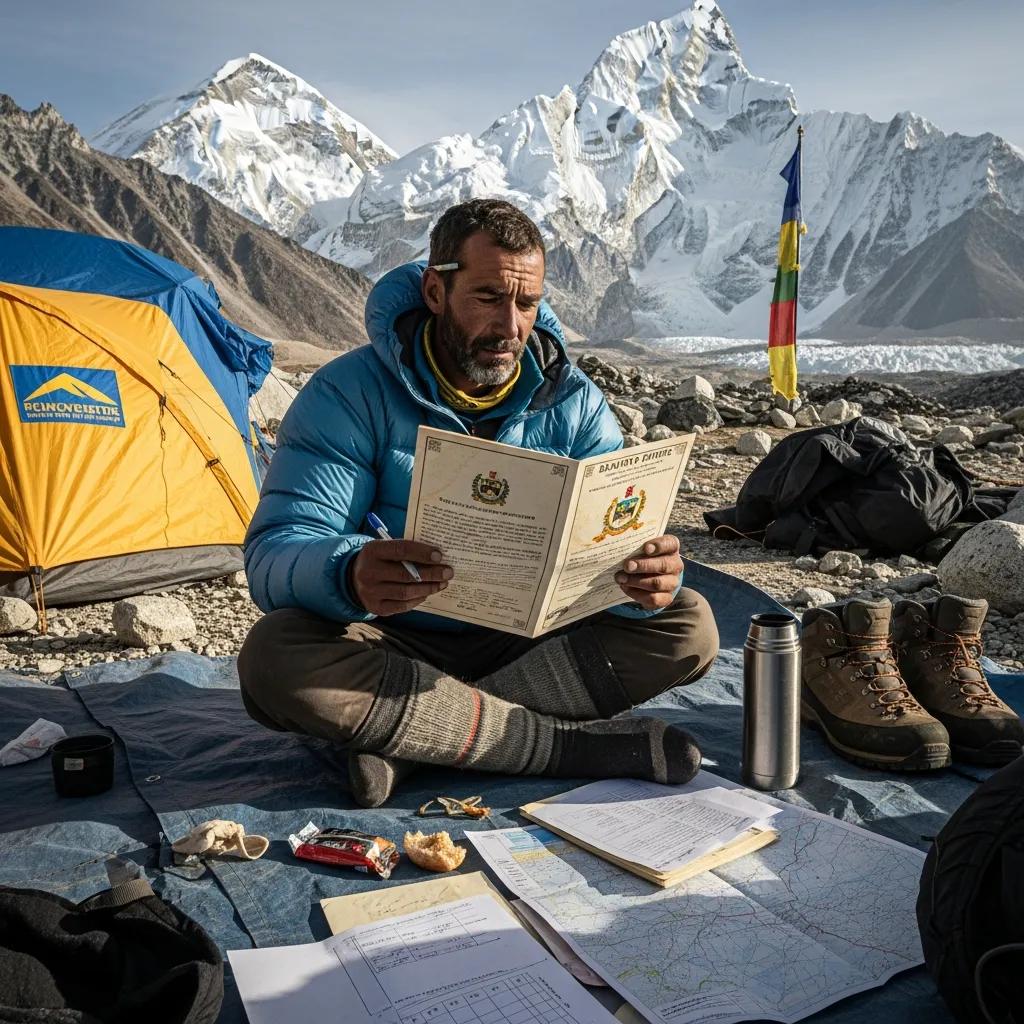Climber reviewing expedition permits at Baruntse Base Camp, emphasizing preparation for climbing