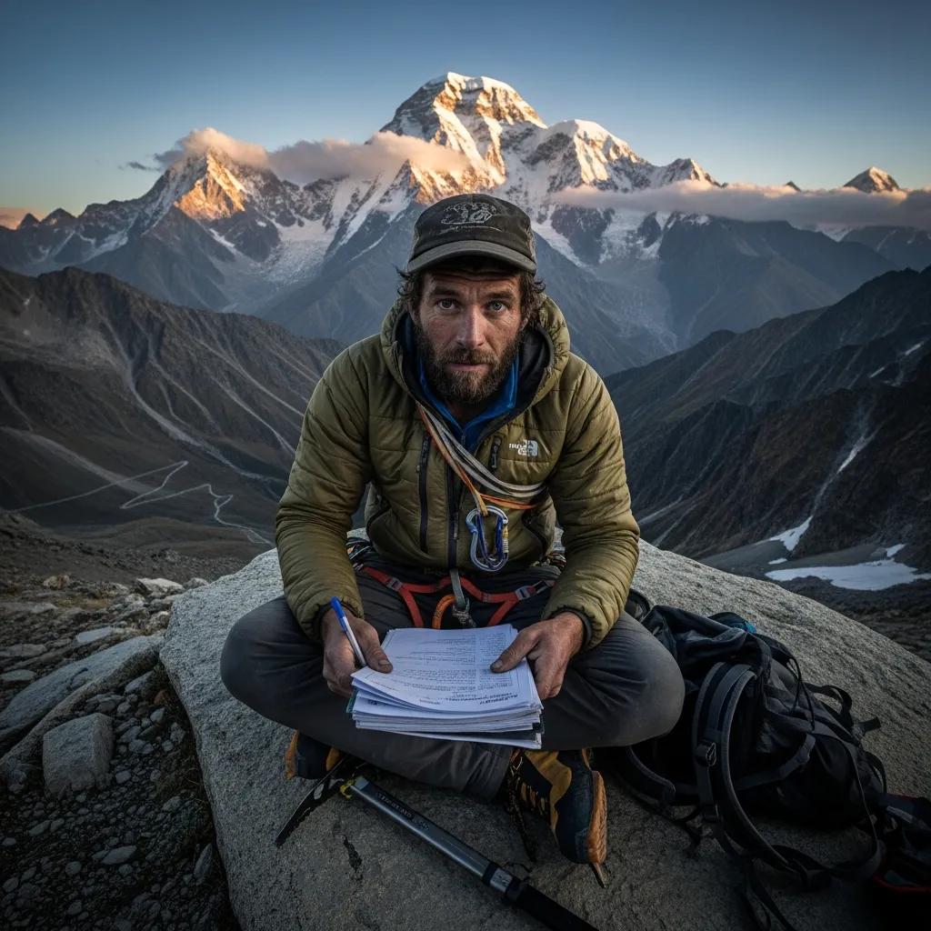Climber reviewing Nanga Parbat permit documents with mountain backdrop