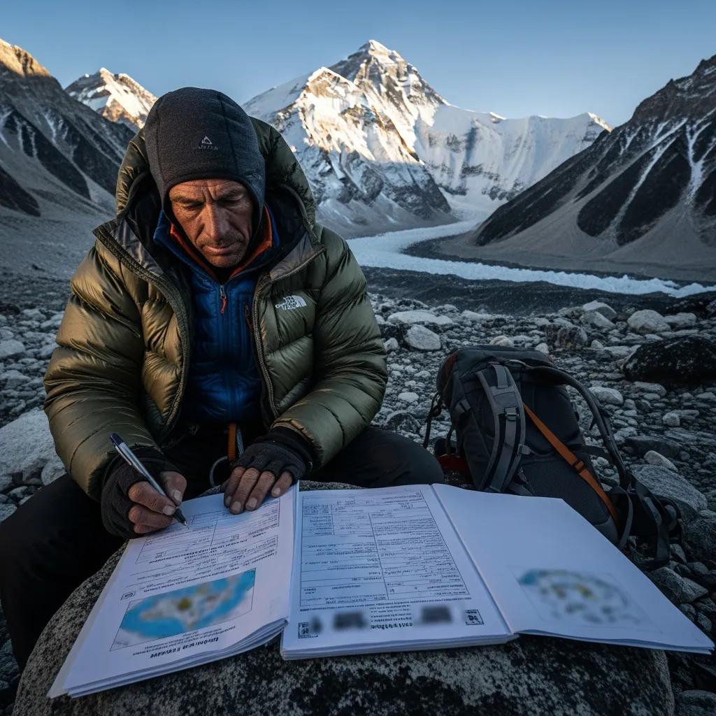 Climber reviewing permit documents with Mount Everest in the background