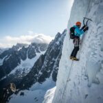 Climber scaling a steep icy mountain, representing the challenges of technical mountaineering