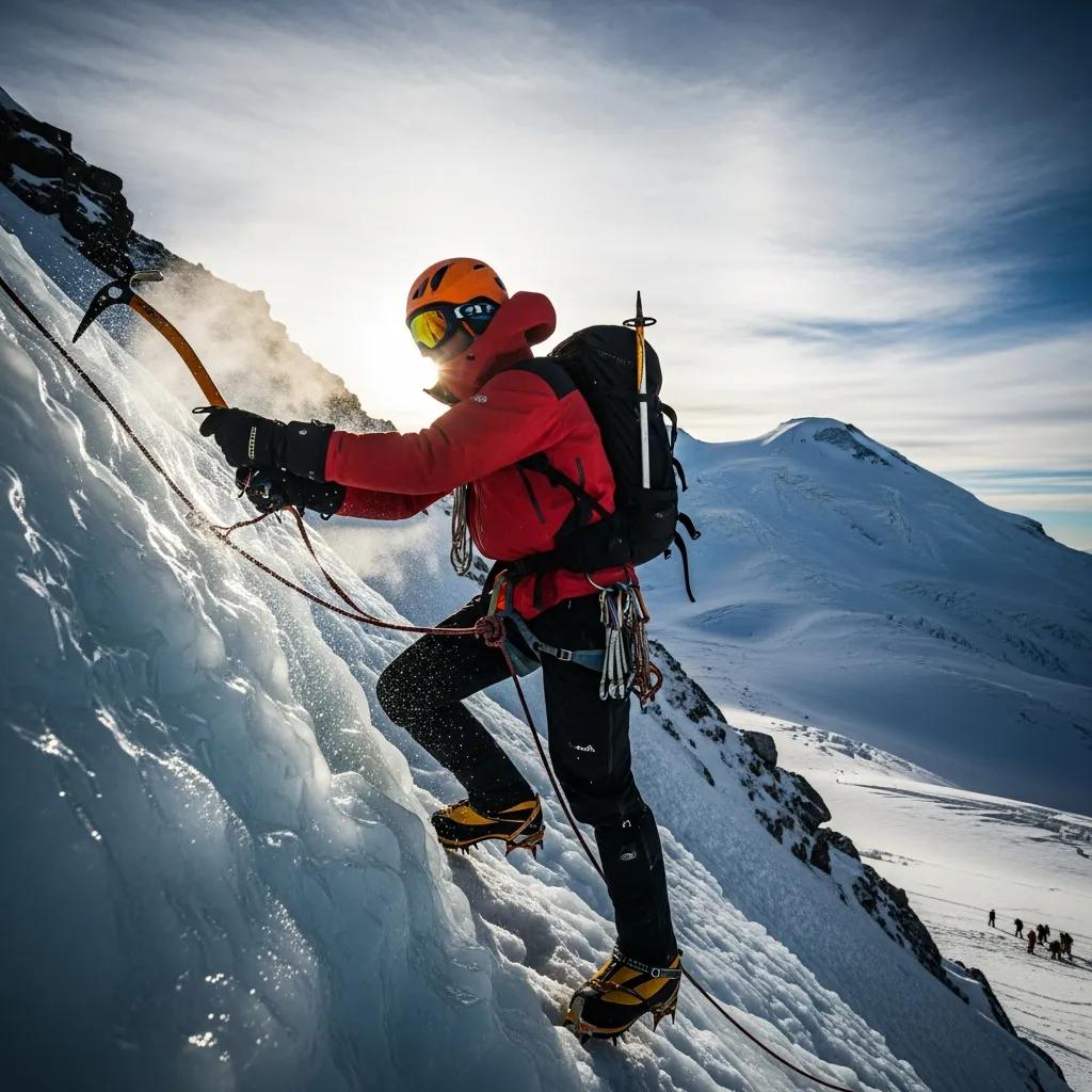Climber using ice axe and crampons on Mount Elbrus, highlighting essential technical equipment for safety