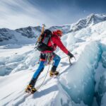 Climber using mountaineering crampons on icy terrain, emphasizing safety and performance