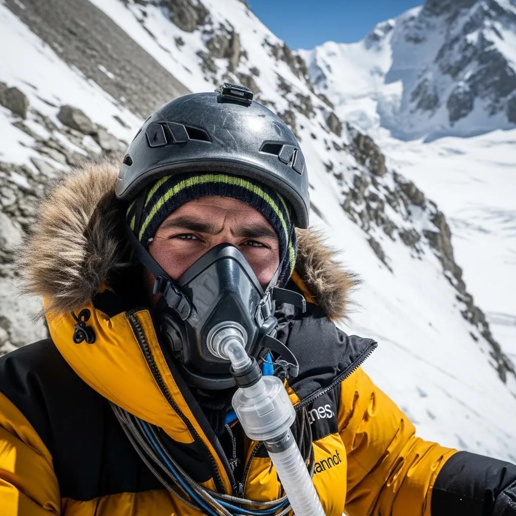 Climber wearing an oxygen mask and high-altitude gear on Nanga Parbat, highlighting the importance of oxygen systems for safety and performance in extreme conditions.
