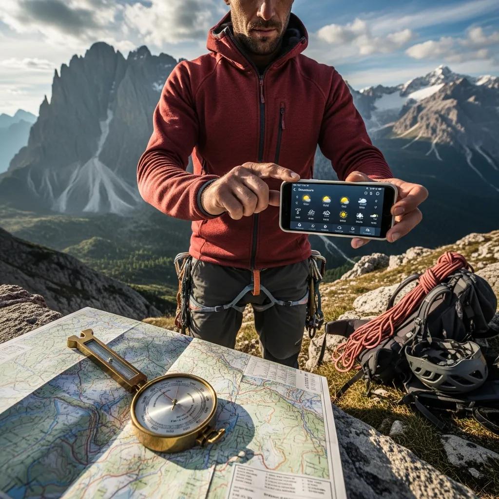 Climber using tools to read mountain weather forecasts