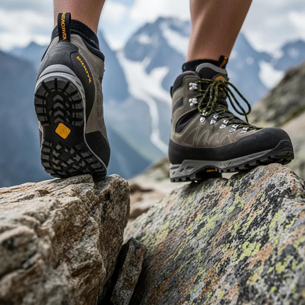 Climber wearing approach shoes and mountaineering boots on rocky terrain