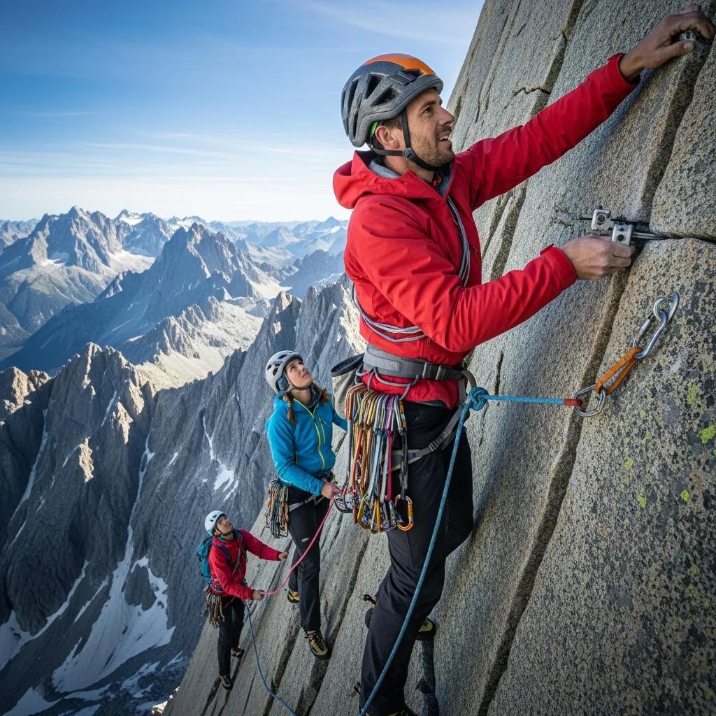 Climbers ascending a high-altitude mountain, showcasing the challenges and beauty of high-altitude climbing, with a focus on teamwork and safety gear.