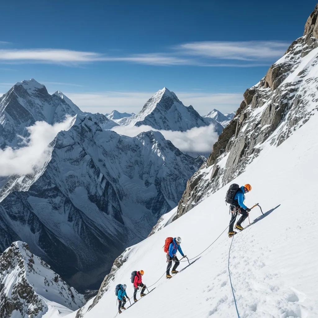 Climbers ascending a snowy mountain peak, representing the Seven Summits challenge, with majestic snow-capped mountains and blue sky in the background.