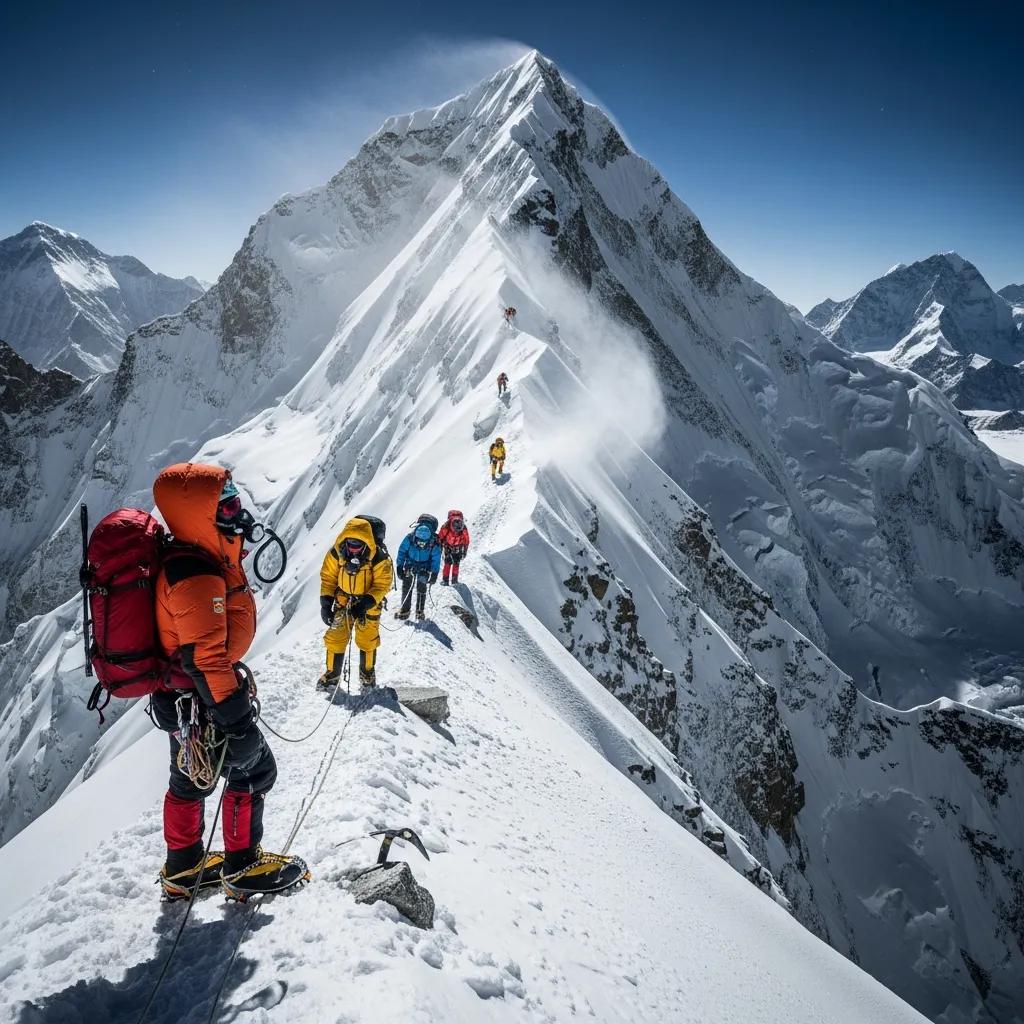 Climbers ascending Mount Everest, showcasing the challenge and beauty of the expedition amidst snow-covered peaks and clear skies.