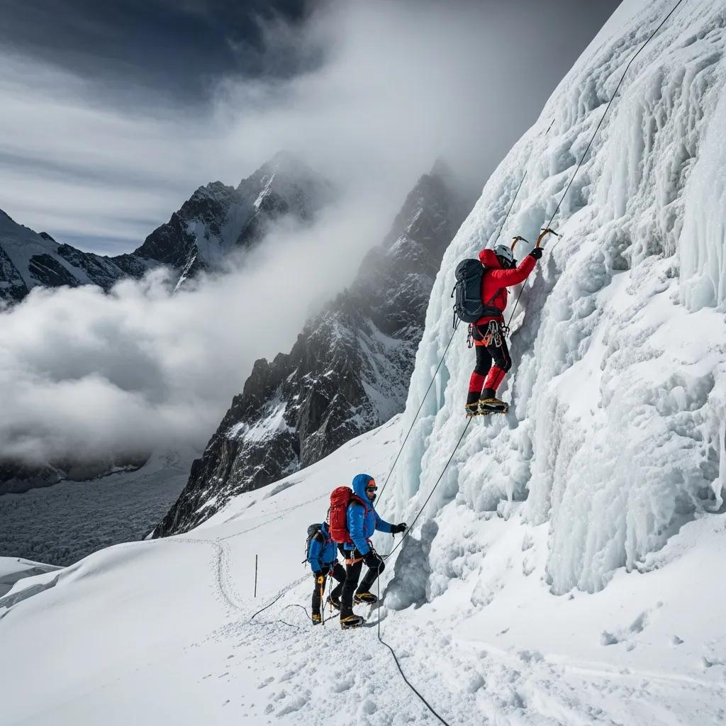 Climbers ascending the icy south face route of Lobuche East, showcasing snow and ice conditions in Nepal's Everest region.
