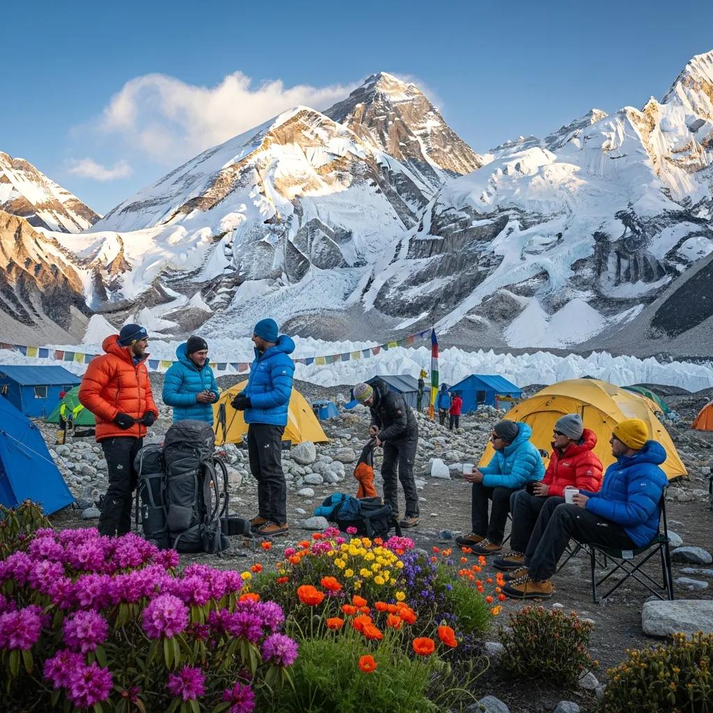 Climbers at Mount Everest Base Camp during spring, surrounded by colorful flowers and tents, highlighting warmer temperatures and stable weather conditions essential for successful expeditions.