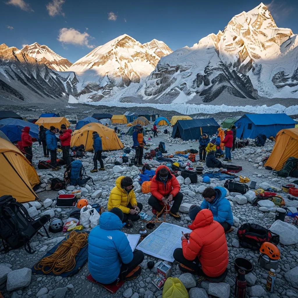 Climbers at base camp preparing for their Cho Oyu expedition, showcasing teamwork and expedition logistics